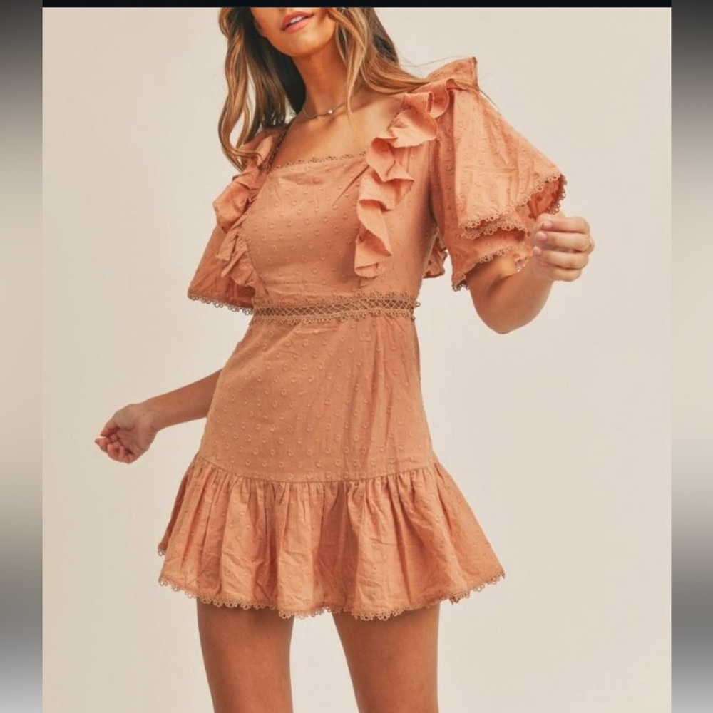 Mable Women's Teen Small Mini Dress Lace Up Back Peachy Terracotta Ruffles